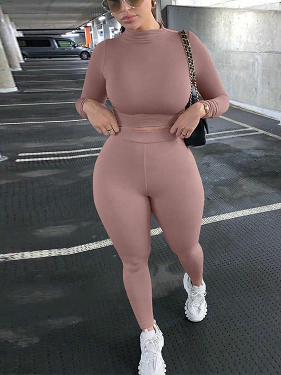 Long Sleeve Crop Top & Leggings Two Piece Set - Dusty Pink - View 1