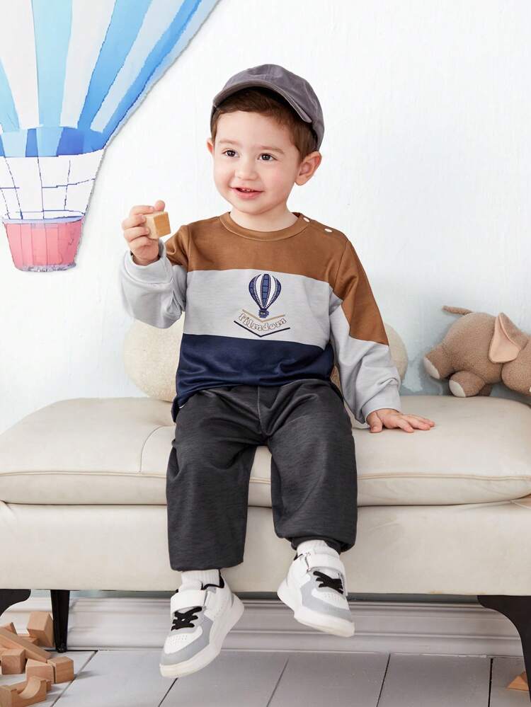 Baby Boys' Color Block Sweatshirt And Pants Set With Hot Air Balloon Print