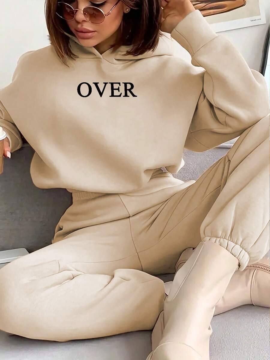 INAWLY Của phụ nữ In thư Áo nỉ có mũ Và Quần Bộ đồ ( 2 cái/bộ ) - Màu be - Xem 1