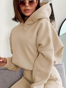 SHEIN x Carly Lawrence INAWLY Women's Hooded Sweatshirt And Sweatpants Tracksuit Set - Apricot - View 3