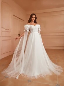 SHEIN Belle Off-Shoulder Wedding Dress With 3d Floral Cape Sleeves And Tulle Overlay