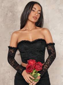 SHEIN BAE قمة دانتيل جذابة بأكتاف مكشوفة، لعيد الميلاد ورأس السنة الجديدة - الأسود - مشاهدة 4