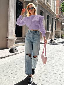 EURMUSE Của phụ nữ Hình vuông Vai Ống tay áo Xu hướng: Cắt giảm Áo len dệt kim - Màu Lilac Tím - Xem 5