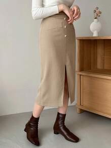 FRIFUL 女款純色羈扣細節前開衩半身裙 - 卡其色 - 查看 4