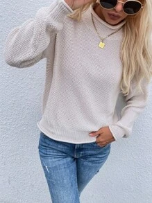 SHEIN LUNE Áo len nữ dáng suông cổ đứng, vai rớt, tay dài, thích hợp mặc mùa thu đông. - Màu be - Xem 3
