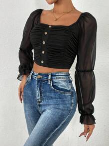 SHEIN Allurite 雪紡袖拼布褶皺短襯衫 - 黑色 - 查看 1