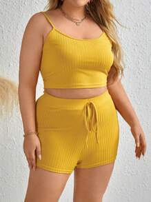 SHEIN LUNE Hơn Chất rắn Áo ba lỗ & Quần short & Mở Mặt trước áo - Màu vàng - Xem 6