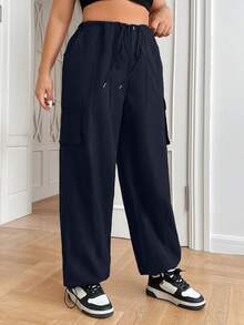 SHEIN EZwear 大尺碼女款束腰貨物褲 - 藏蓝色 - 查看 4