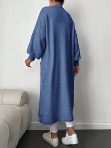 EURMUSE Dual Pocket Drop Shoulder Open Front Cardigan - Dusty Blue - View 2