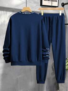 Manfinity Homme Men's Letter Printed Sweatshirt And Sweatpants Casual Two-Piece Set, Men Tracksuit Sets, Men 2 Piece Set Sweats, 2 Piece Set Men Street - Navy Blue - View 2