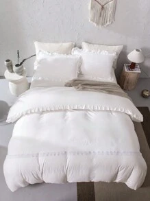 3pcs Solid Color Hemstitched Bedspread Set With White Lace Edge, Synthetic Fiber Surface - Beige - View 5