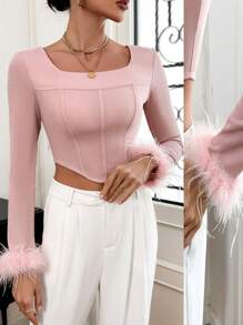SHEIN Privé Elegant Feather Detail Slim Fit Long Sleeve T-Shirt With Square Neckline For New Year - Dusty Pink - View 4