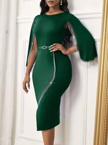 SHEIN Ladiora 女式紧身连衣裙，饰有水钻和流苏细节，超长女装 - 墨綠色 - 查看 4