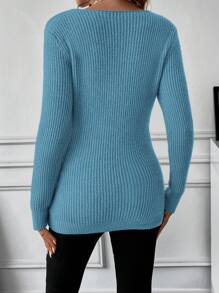 SHEIN Jersey Premamá De Manga Larga Con Cuello En V - Azul - Ver 2