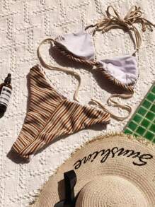 SHEIN Swim Striped Triangle Cup Halter Neck Bikini Set Wedding Summer Beach