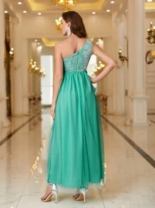 SHEIN Belle Robe asymétrique avec col en sequins et contraste en maille - Vert menthe - Voir 2