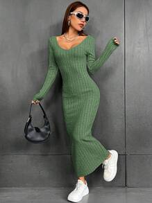 SHEIN LUNE Women'S Ribbed Knitted Long Sleeve Dress - Olive Green - View 6