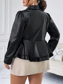 SHEIN Privé Women's Plus Size Suit Jacket With Ruffle Hem - Black - View 2