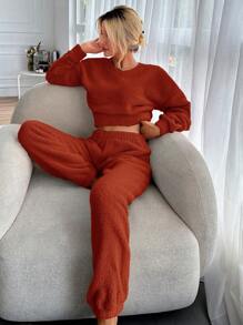 SHEIN Cottnline Solid Drop Shoulder Teddy Pullover & Pants - Burgundy - View 5