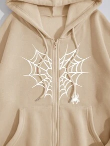 SHEIN EZwear 蜘蛛網印花連帽衫,附袋鼠口袋、內部抓絨和拉鍊設計 - 杏色 - 查看 8