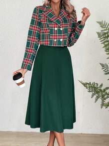 SHEIN Clasi 格紋印花雙排釦夾克&半身裙 - 綠色 - 查看 5
