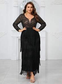 YISIKADO Của phụ nữ Kích thước lớn Cổ chữ V Tay áo dài Kim sa Vá lại Sọc Buổi tiệc Đầm dạ hội Đối với Dạ hội - màu đen - Xem 1