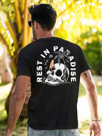 Men Skull & Slogan Graphic Tee, For Halloween