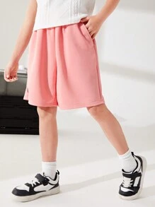 SHEIN 男童休閒字母拼布針織短褲 - 粉色 - 查看 7