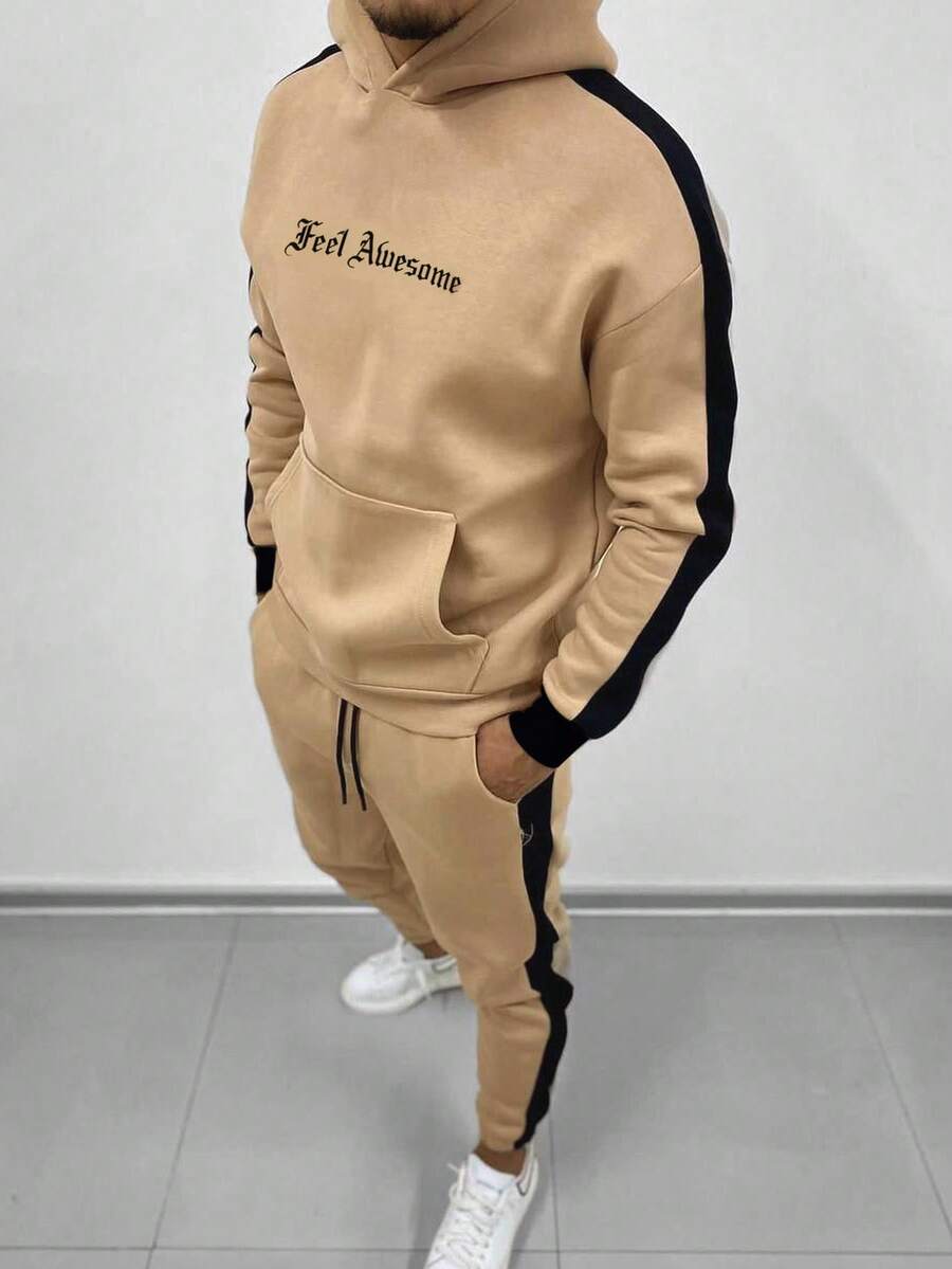 Manfinity Homme 2入組男式連帽字母印花運動衫和長褲套裝 - 杏色 - 查看 1