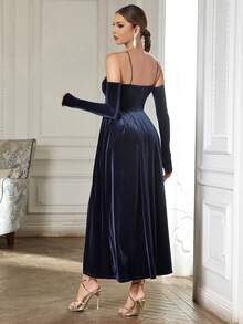 Crisscross Halter Neck Velvet Dress - Navy Blue - View 2