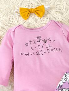 SHEIN 女宝宝字母印花连体衣和花卉喇叭裤套装 - 紫色 - 查看 3