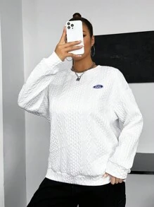 SHEIN EZwear Women'S Plus Size Patched Detail Texture Sweatshirt - White - View 3