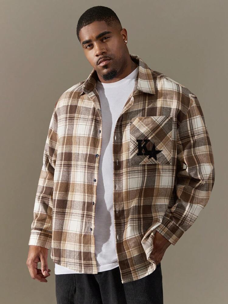 Loose Men's Plus Size Plaid & Star Printed Long Sleeve Casual Shirt
