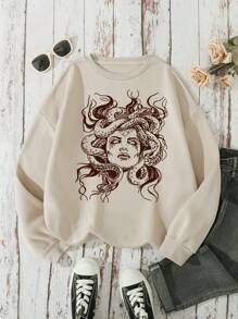 INAWLY 女士人物蛇印花羊毛连帽衫，女士春秋休闲长袖圆领宽松常规卡其色落肩套头衫女式连帽衫，长袖上衣 - 卡其色 - 查看 4