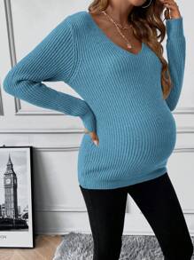 SHEIN Jersey Premamá De Manga Larga Con Cuello En V - Azul - Ver 4