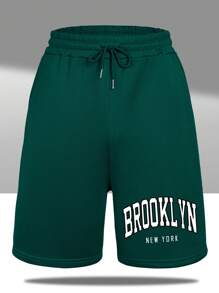 男士文字印花抽繩短褲 - 墨綠色 - 查看 1