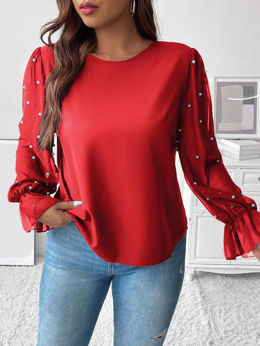 Celure Plus Size Women's Lotus Leaf Sleeve Shirt With Faux Pearl Decor - Red - View 1