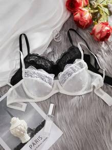 SHEIN Conjunto de sujetador y ropa interior de encaje de contraste para mujeres (juego de 2 piezas)
