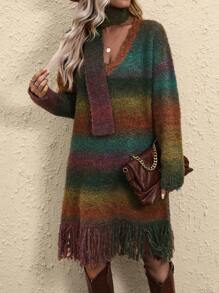 SHEIN LUNE 女士漸變色流蘇邊針織毛衣連衣裙 - 彩色 - 查看 4