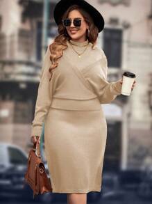 SHEIN LUNE Plus Size Stand Collar Long Sleeve Solid Color Sweater And Knitted Skirt Set - Khaki - View 1
