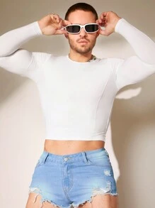 FeverCity Men's Cropped Knit Casual Long Sleeve T-Shirt - White - View 1