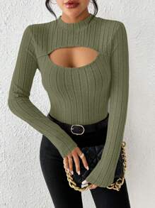 SHEIN Privé 立領空心前開長袖t恤 - 綠色 - 查看 6