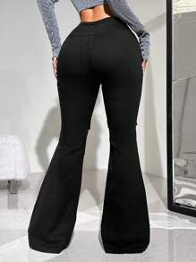 SHEIN ICON Y2k Style Black Women'S Casual Low-Waist Slim Fit Flared Jeans With Side Zipper - Black - View 2