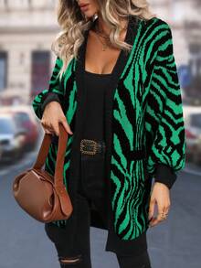 SHEIN LUNE 斑馬紋氣球袖休閒開衫 - 綠色 - 查看 5