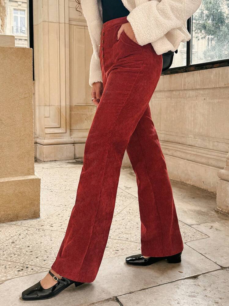 SHEIN Frenchy Pantalones Acampanados De Pana - Color caoba - Añade 2