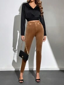 SHEIN Tall Women'S Pocketed Pencil Pants - Coffee Brown - View 6