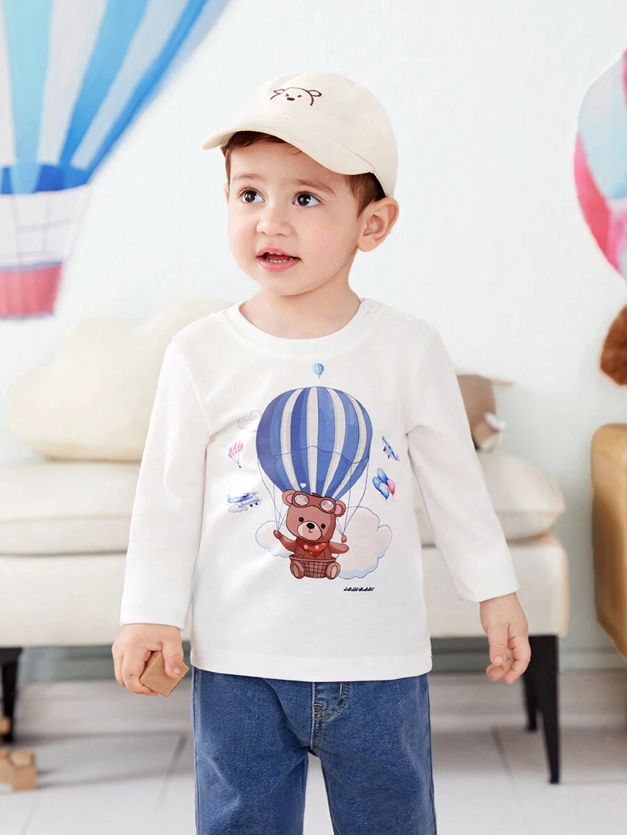 Baby Boy'S Fun Hot Air Balloon Printed T-Shirt - White - View 1