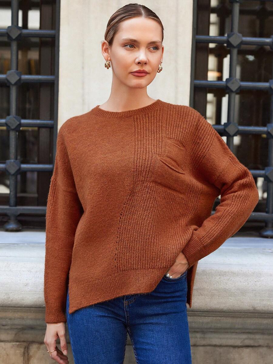 RueChic Solid Drop Shoulder Sweater - Rust Brown - View 1