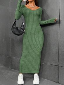 SHEIN LUNE Women'S Ribbed Knitted Long Sleeve Dress - Olive Green - View 1