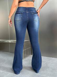 SHEIN ICON Y2k Blue Destroyed High Waisted Stretchy Flared Jeans For Plus Size Women - Blue - View 2
